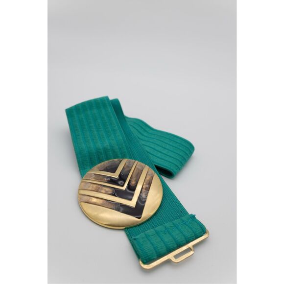 Vintage Charmant Stretch Belt Gold Enamel Buckle Green Elastic Art Deco‎ 70s
